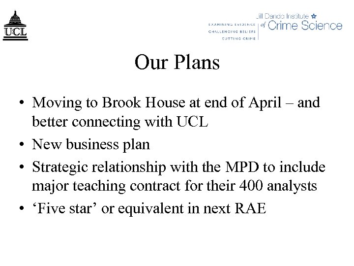 Our Plans • Moving to Brook House at end of April – and better