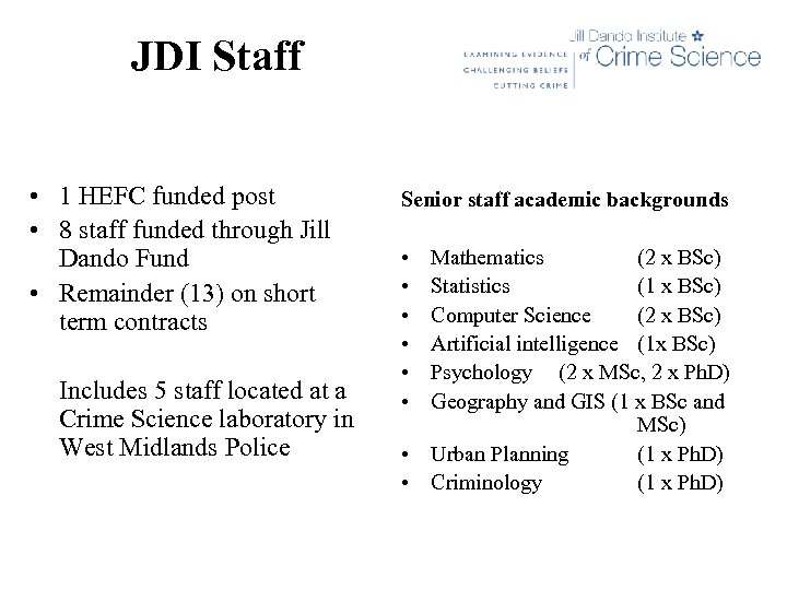 JDI Staff • 1 HEFC funded post • 8 staff funded through Jill Dando