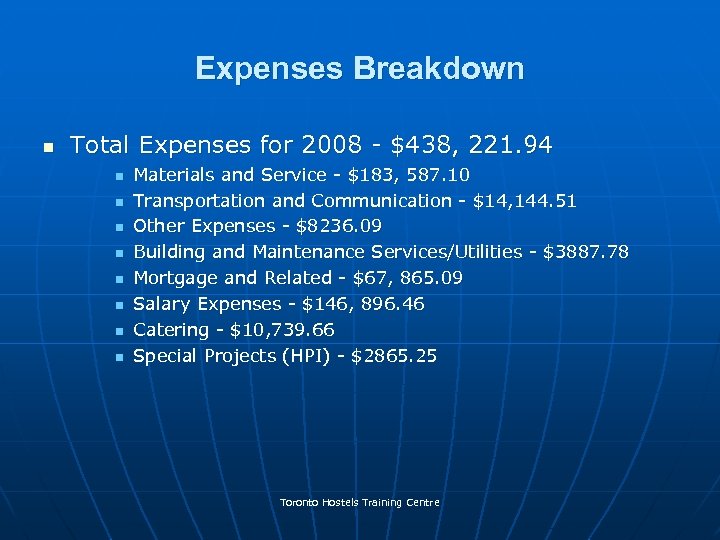 Expenses Breakdown n Total Expenses for 2008 - $438, 221. 94 n n n