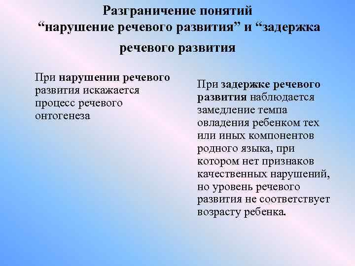 Разграничение понятий “нарушение речевого развития” и “задержка речевого развития При нарушении речевого развития искажается