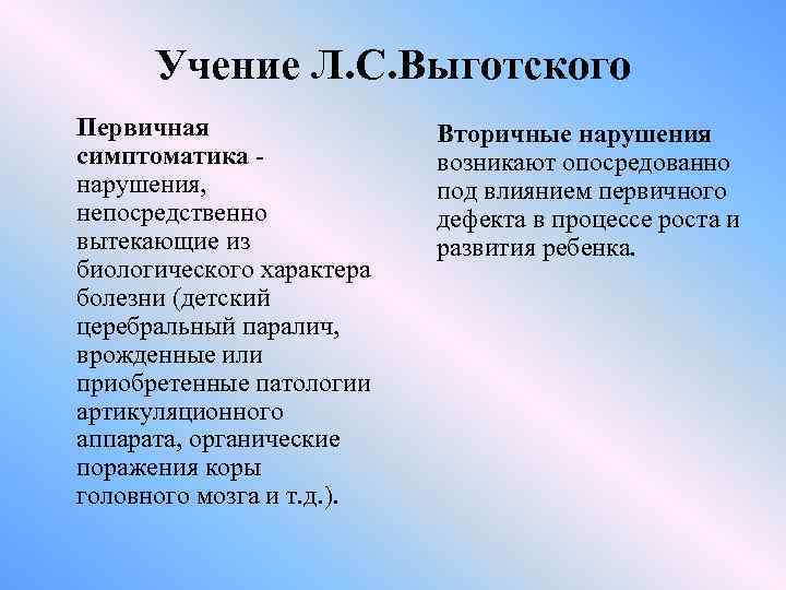 Учение Л. С. Выготского Первичная симптоматика нарушения, непосредственно вытекающие из биологического характера болезни (детский