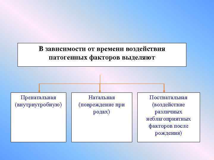 В зависимости от времени воздействия патогенных факторов выделяют Пренатальная (внутриутробную) Натальная (повреждение при родах)