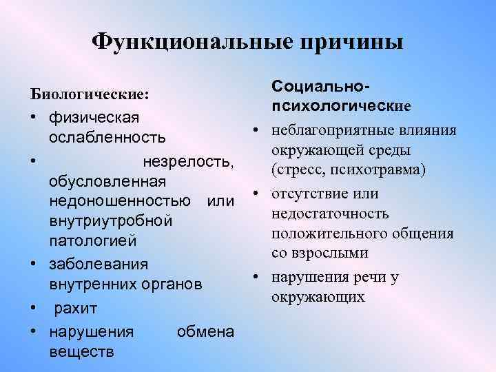 Функциональные причины Биологические: • физическая ослабленность • незрелость, обусловленная недоношенностью или внутриутробной патологией •
