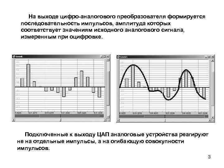  На выходе цифро-аналогового преобразователя формируется последовательность импульсов, амплитуда которых соответствует значениям исходного аналогового