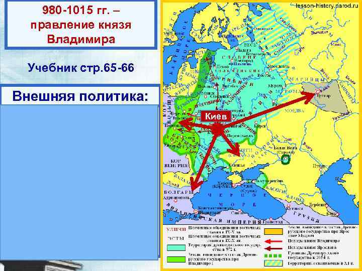 980 -1015 гг. – правление князя Владимира Учебник стр. 65 -66 Внешняя политика: 1.