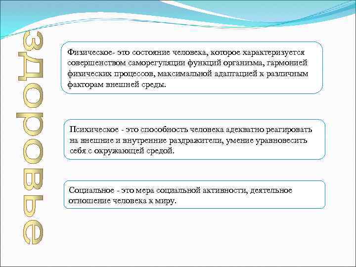 Физическое- это состояние человека, которое характеризуется совершенством саморегуляции функций организма, гармонией физических процессов, максимальной