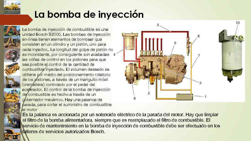 La bomba de inyección de combustible es una unidad Bosch S 2000. Las bombas