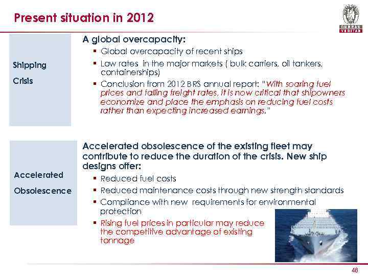 Present situation in 2012 A global overcapacity: Shipping Crisis Accelerated Obsolescence § Global overcapacity