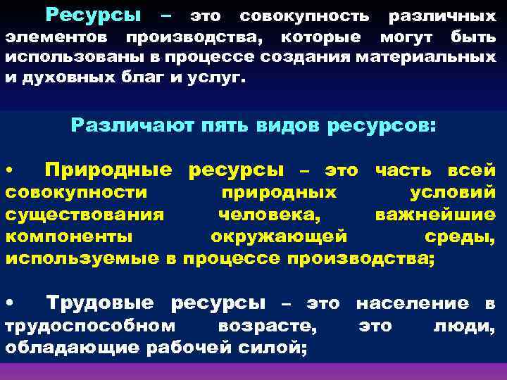 Ресурсы – это совокупность различных элементов производства, которые могут быть использованы в процессе создания