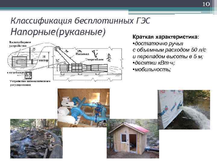 10 Классификация бесплотинных ГЭС Напорные(рукавные) Краткая характеристика: • достаточно ручья с объемным расходом 50