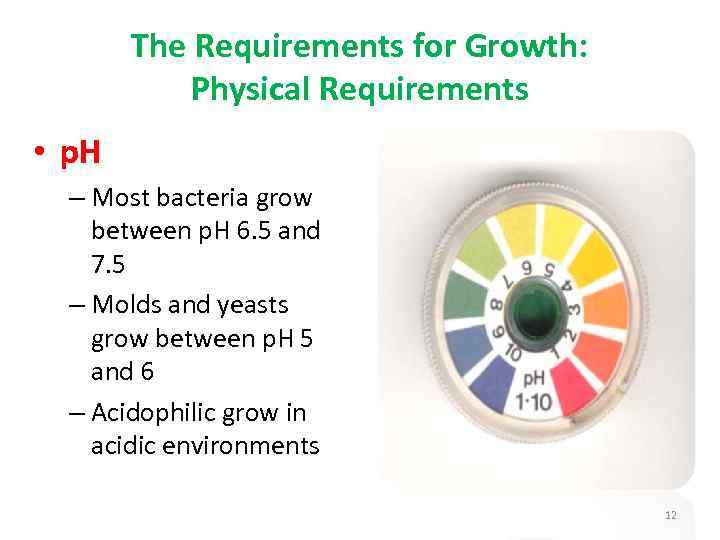 The Requirements for Growth: Physical Requirements • p. H – Most bacteria grow between