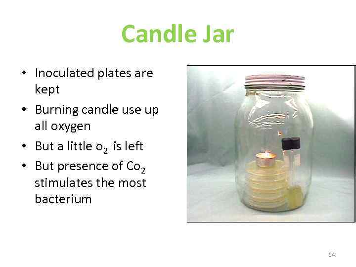 Candle Jar • Inoculated plates are kept • Burning candle use up all oxygen