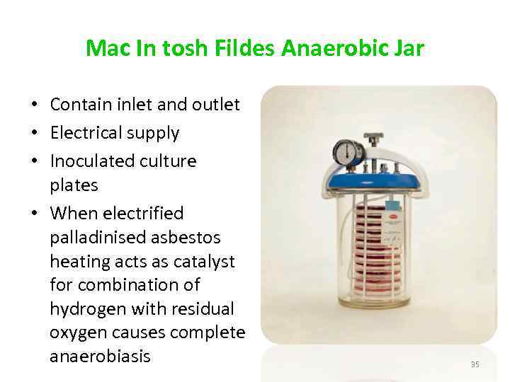 Mac In tosh Fildes Anaerobic Jar • Contain inlet and outlet • Electrical supply