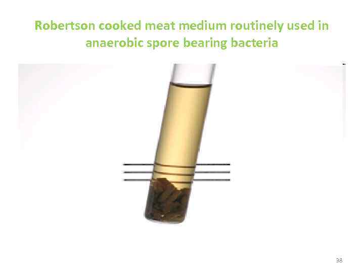 Robertson cooked meat medium routinely used in anaerobic spore bearing bacteria 38 