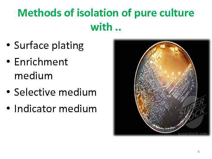 Methods of isolation of pure culture with. . • Surface plating • Enrichment medium