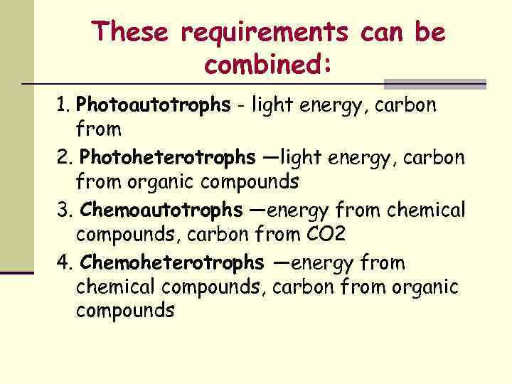 These requirements can be combined: 1. Photoautotrophs - light energy, carbon from 2. Photoheterotrophs