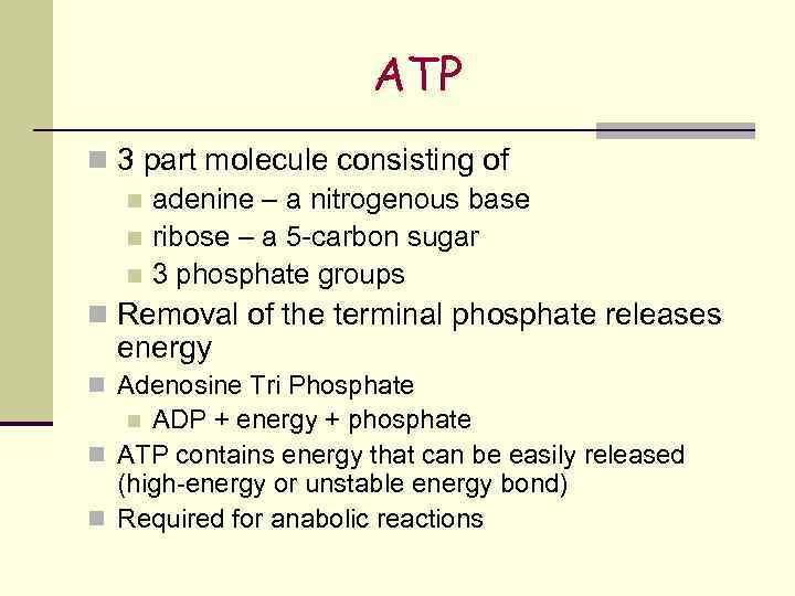 ATP n 3 part molecule consisting of n adenine – a nitrogenous base n