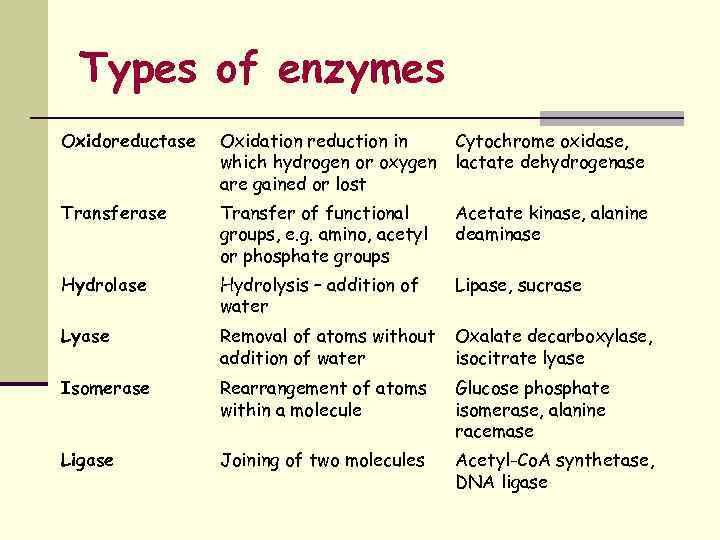 Types of enzymes Oxidoreductase Oxidation reduction in which hydrogen or oxygen are gained or