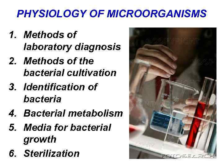 PHYSIOLOGY OF MICROORGANISMS 1. Methods of laboratory diagnosis 2. Methods of the bacterial cultivation