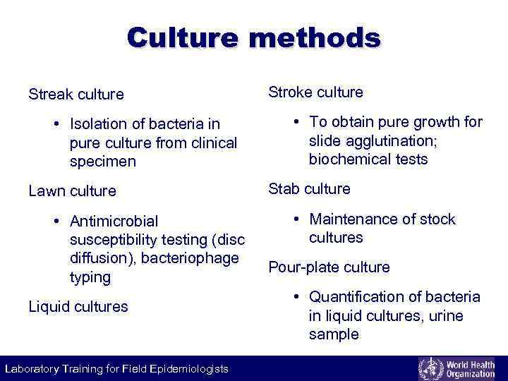 Culture methods Streak culture • Isolation of bacteria in pure culture from clinical specimen