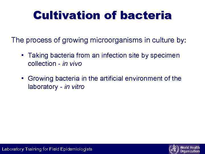 Cultivation of bacteria The process of growing microorganisms in culture by: • Taking bacteria