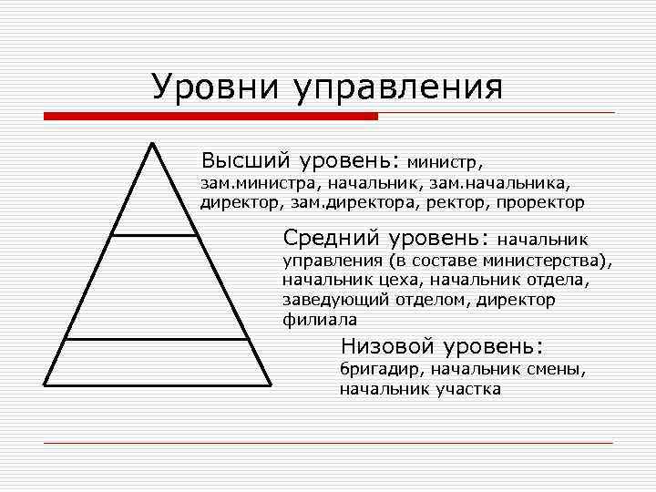 Уровни управления Высший уровень: министр, зам. министра, начальник, зам. начальника, директор, зам. директора, ректор,