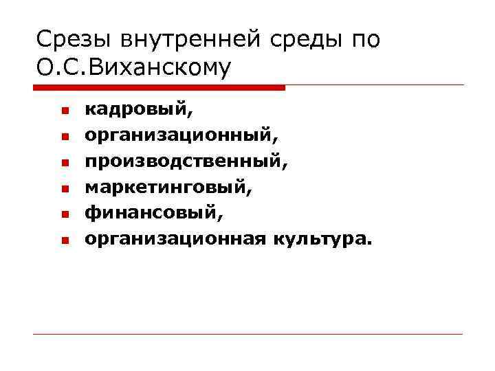 Срезы внутренней среды по О. С. Виханскому кадровый, организационный, производственный, маркетинговый, финансовый, организационная культура.