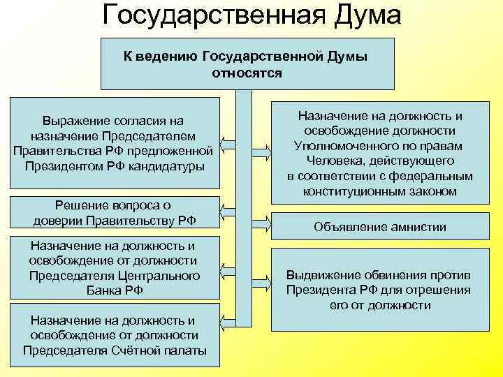 Государственная Дума К ведению Государственной Думы относятся Выражение согласия на назначение Председателем Правительства РФ