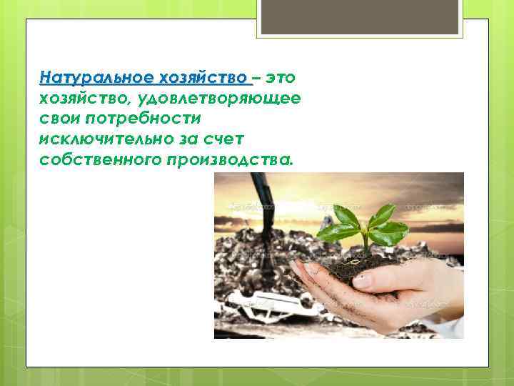 Натуральное хозяйство – это хозяйство, удовлетворяющее свои потребности исключительно за счет собственного производства. 