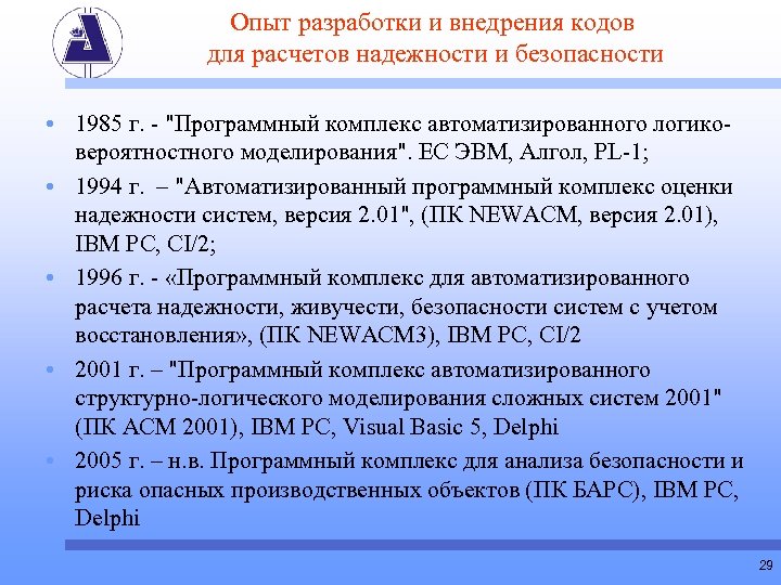 Опыт разработки и внедрения кодов для расчетов надежности и безопасности • 1985 г. -