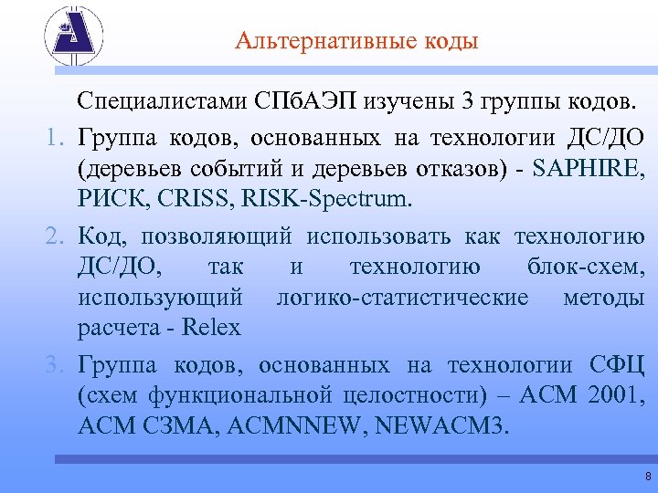Альтернативные коды Специалистами СПб. АЭП изучены 3 группы кодов. 1. Группа кодов, основанных на