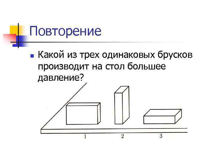Повторение n Какой из трех одинаковых брусков производит на стол большее давление? 