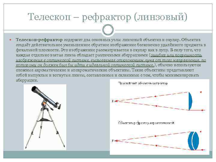 Телескоп – рефрактор (линзовый) Телескоп-рефрактор содержит два основных узла: линзовый объектив и окуляр. Объектив