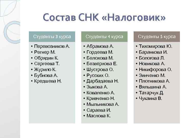 Состав СНК «Налоговик» Студенты 3 курса • • Перевозников А. Регнер М. Обрядин К.
