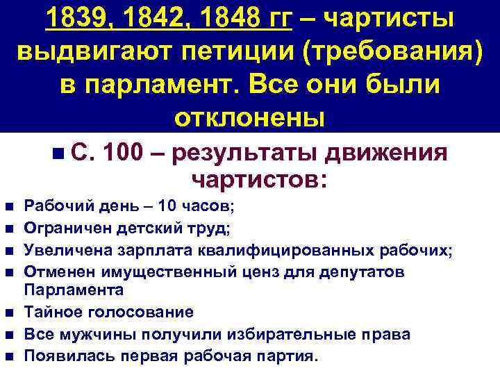 1839, 1842, 1848 гг – чартисты выдвигают петиции (требования) в парламент. Все они были