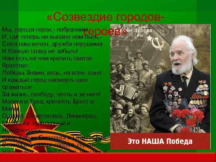  «Созвездие городов. Мы, города-герои, - побратимы героев» И, где теперь ни выпало нам