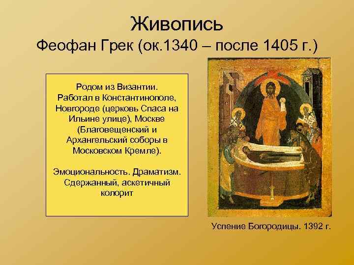 Живопись Феофан Грек (ок. 1340 – после 1405 г. ) Родом из Византии. Работал