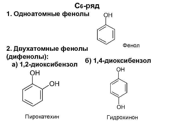 С 6 -ряд 1. Одноатомные фенолы Фенол 2. Двухатомные фенолы (дифенолы): б) 1, 4