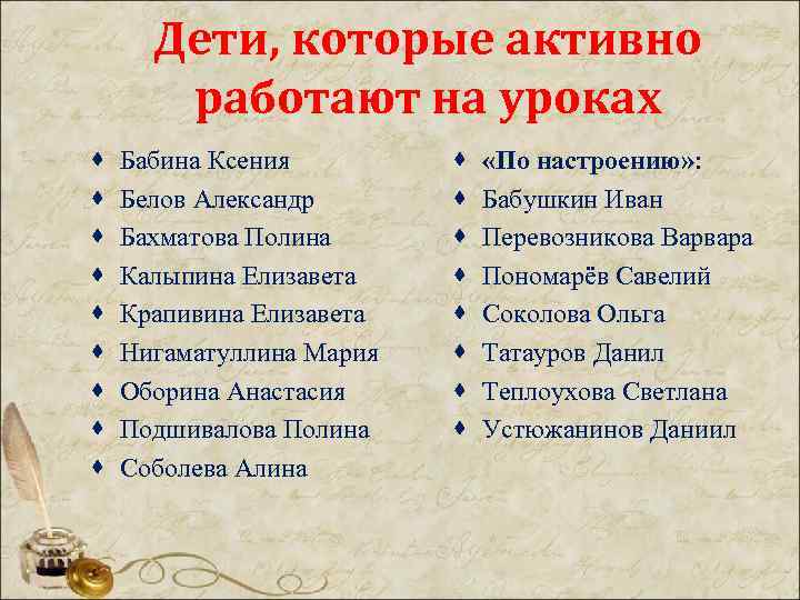 Дети, которые активно работают на уроках · · · · · Бабина Ксения Белов