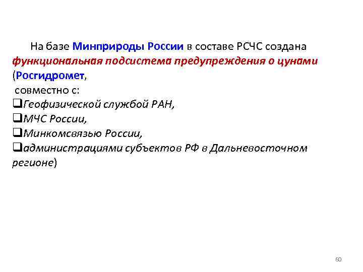 На базе Минприроды России в составе РСЧС создана функциональная подсистема предупреждения о цунами (Росгидромет,