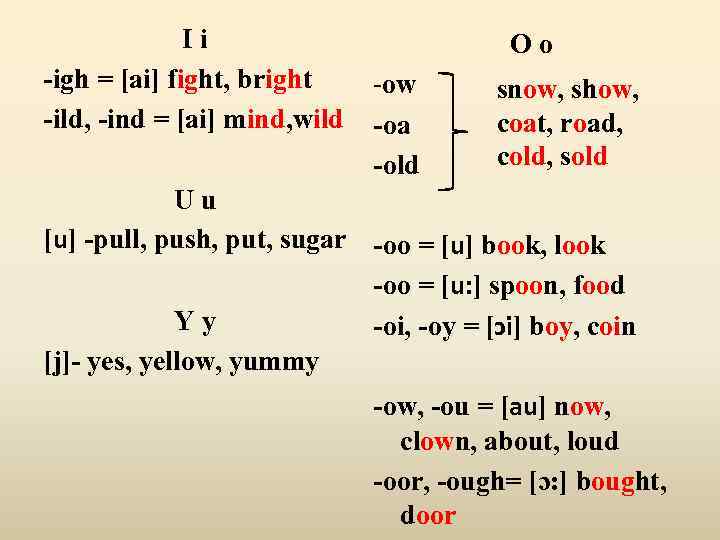 Ii -igh = [ai] fight, bright -ild, -ind = [ai] mind, wild Oo -ow