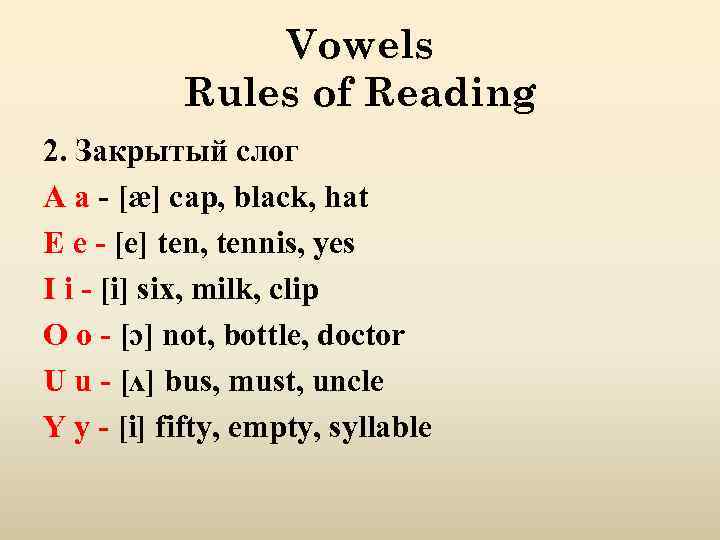 Vowels Rules of Reading 2. Закрытый слог A a - [æ] cap, black, hat