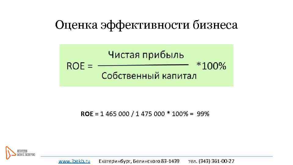 Оценка эффективности бизнеса ROE = 1 465 000 / 1 475 000 * 100%