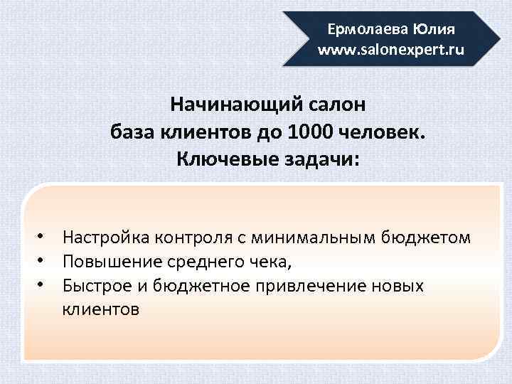 Ермолаева Юлия www. salonexpert. ru Начинающий салон база клиентов до 1000 человек. Ключевые задачи: