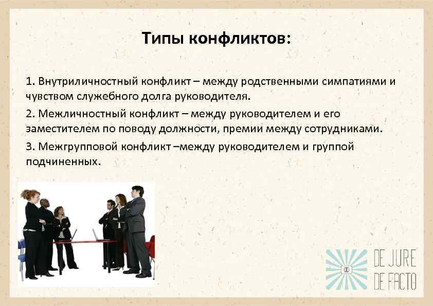 Типы конфликтов: 1. Внутриличностный конфликт – между родственными симпатиями и чувством служебного долга руководителя.