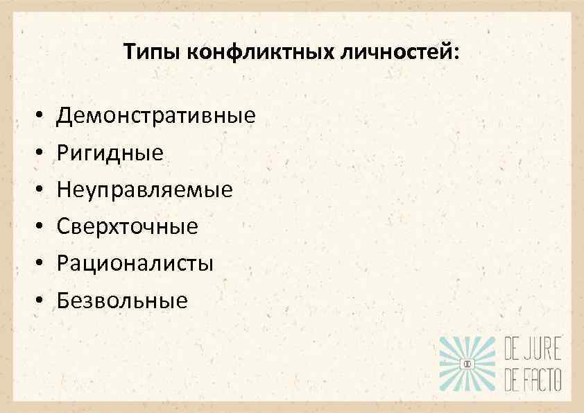 Типы конфликтных личностей: • • • Демонстративные Ригидные Неуправляемые Сверхточные Рационалисты Безвольные 