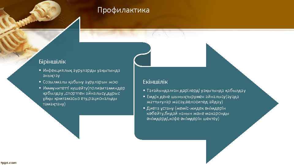  Профилактика Біріншілік • Инфекциялық ауруларды уақытында анықтау • Созылмалы қабыну ауруларын жою •