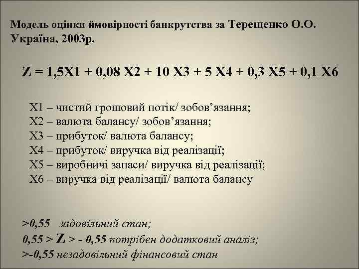 Модель оцінки ймовірності банкрутства за Терещенко О. О. Україна, 2003 р. Z = 1,