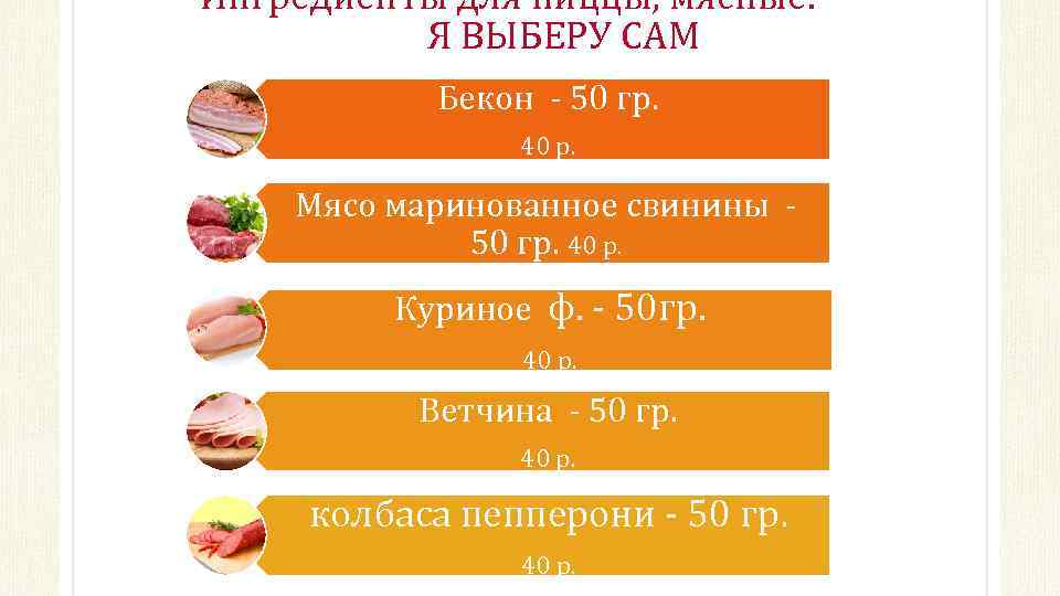 Ингредиенты для пиццы, мясные. Я ВЫБЕРУ САМ Бекон - 50 гр. 40 р. Мясо