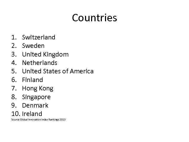 Countries 1. Switzerland 2. Sweden 3. United Kingdom 4. Netherlands 5. United States of